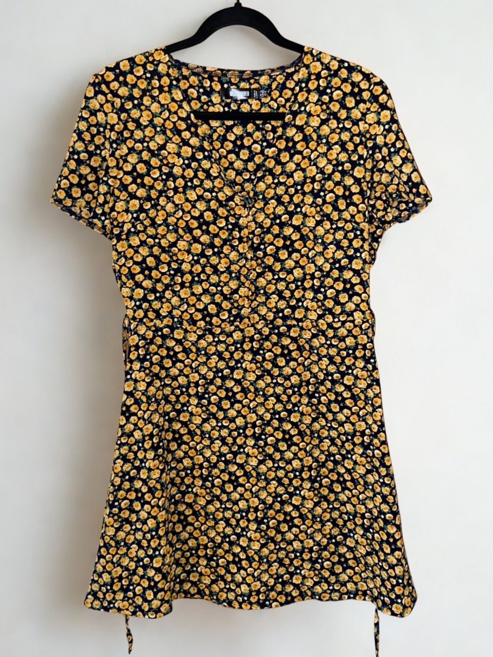 Missguided Floral Mini Dress Black Yellow Tie Waist Cottagecore Summer